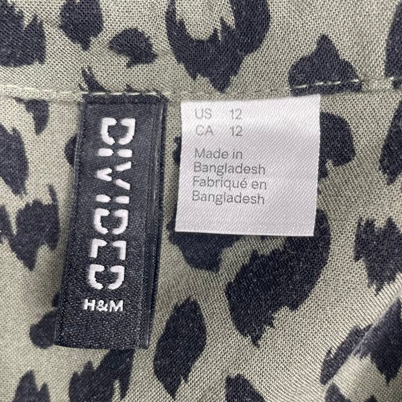 H&M Divided Khaki Green Leopard Print Button Up Tie Waist Mini Dress Sz 12 - Picture 10 of 12
